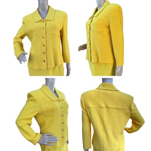 St. John 8 Skirt Suit Yellow Tweed Knit Gold Turn-Lock Jacket Pencil Mini Set - Picture 3 of 16